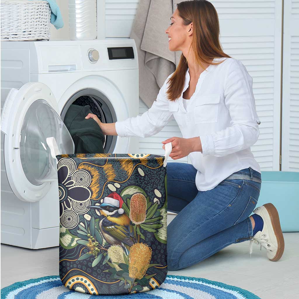 Aussie Honeyeaters Banksia Christmas Laundry Basket Aboriginal Dots Painting Blue Motif - Aussie Hoodie