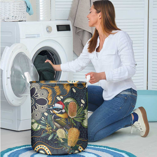 Aussie Honeyeaters Banksia Christmas Laundry Basket Aboriginal Dots Painting Blue Motif - Aussie Hoodie
