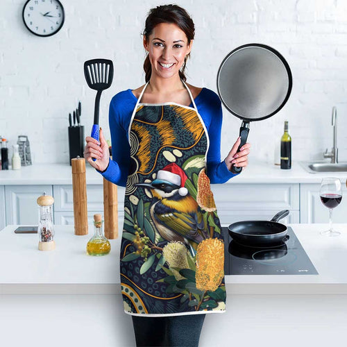Aussie Honeyeaters Banksia Christmas Apron Aboriginal Dots Painting Blue Motif - Aussie Hoodie