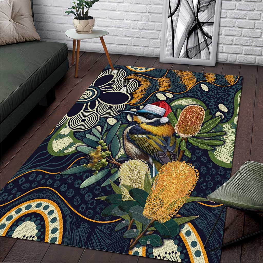 Aussie Honeyeaters Banksia Christmas Area Rug Aboriginal Dots Painting Blue Motif - Aussie Hoodie