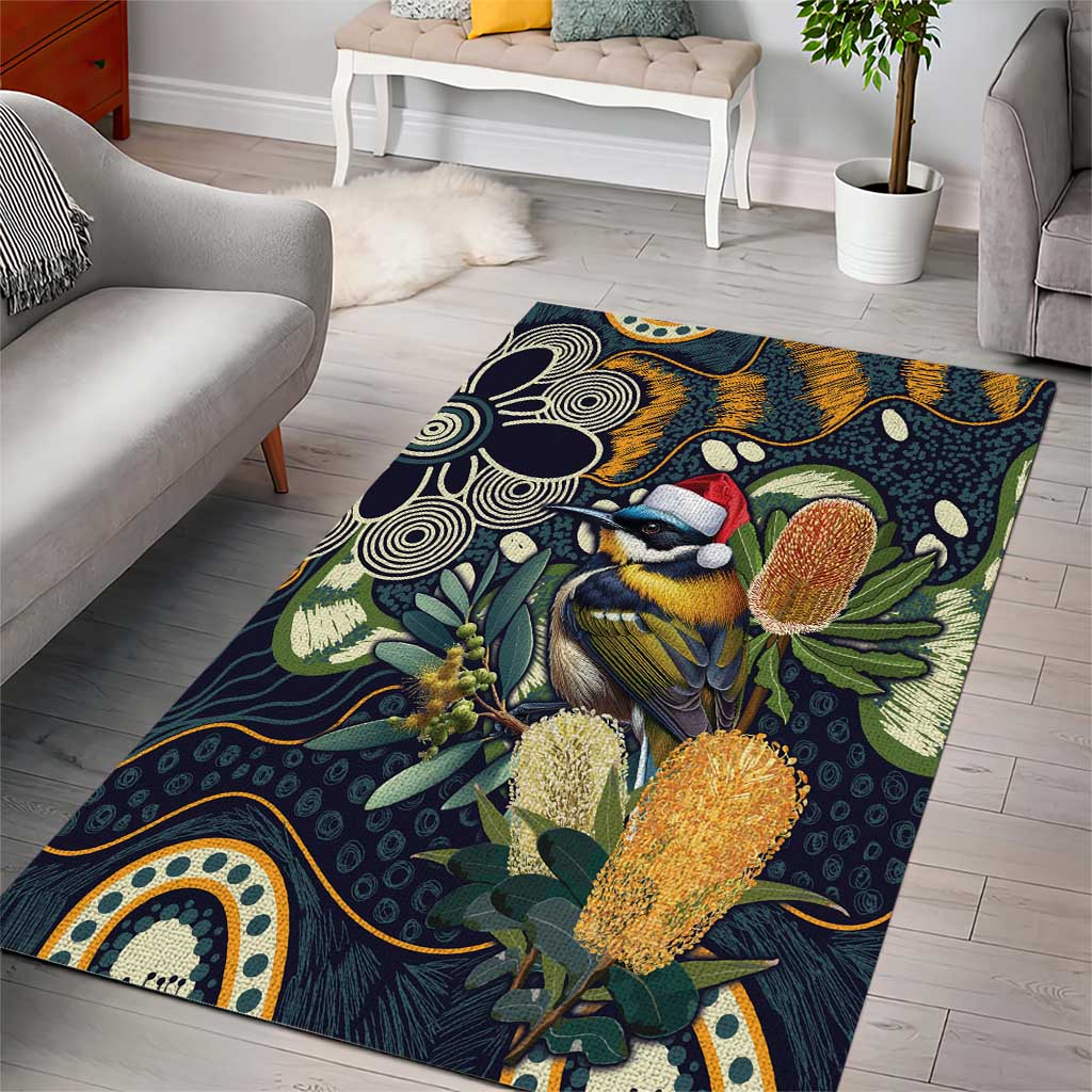 Aussie Honeyeaters Banksia Christmas Area Rug Aboriginal Dots Painting Blue Motif - Aussie Hoodie