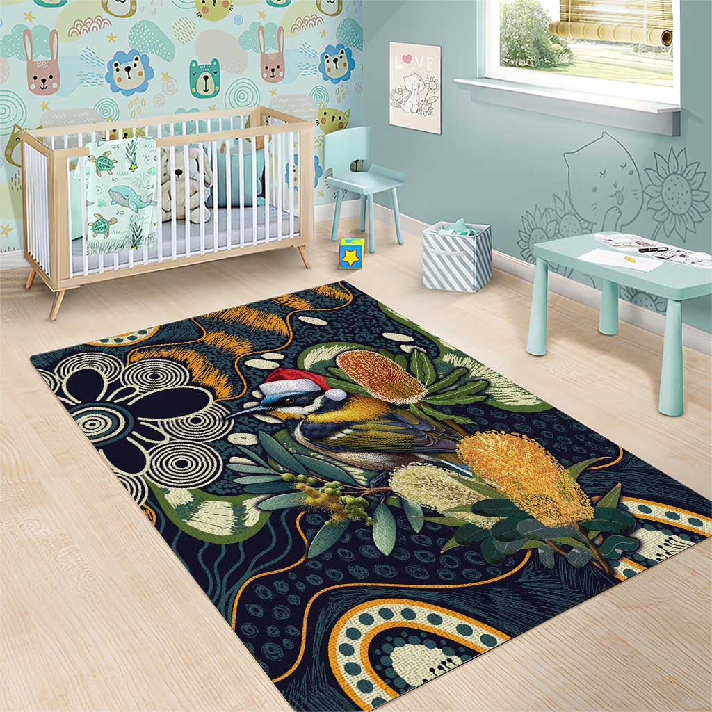 Aussie Honeyeaters Banksia Christmas Area Rug Aboriginal Dots Painting Blue Motif - Aussie Hoodie