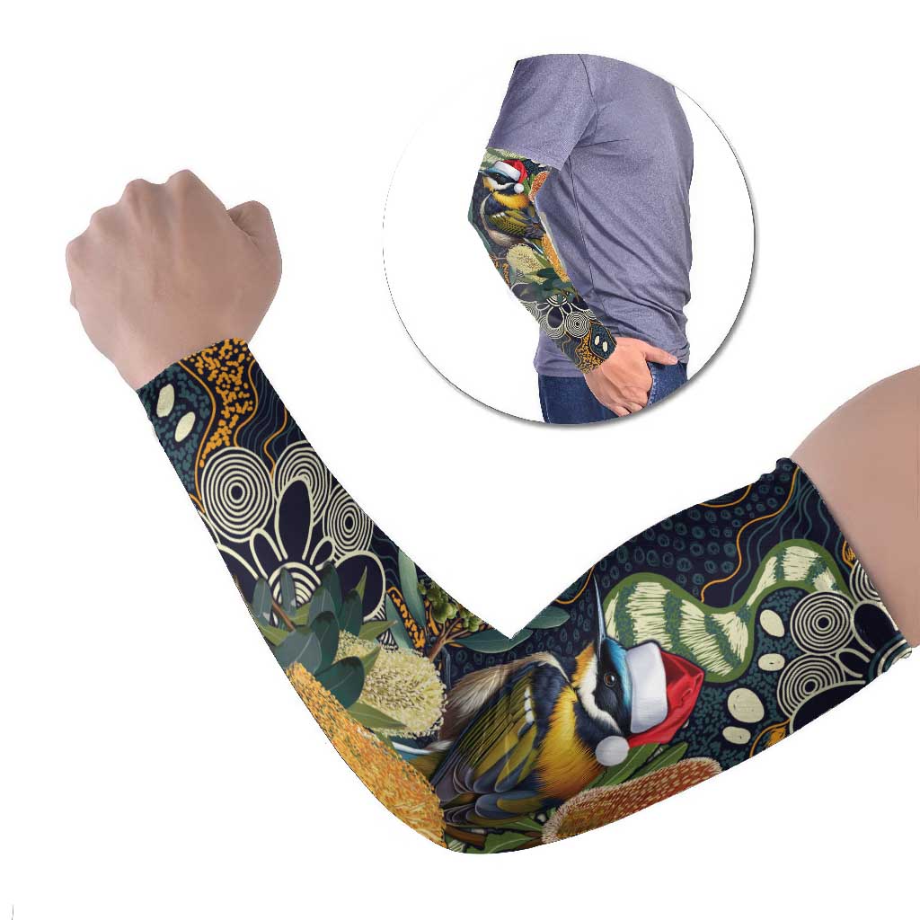 Aussie Honeyeaters Banksia Christmas Arm Sleeves Aboriginal Dots Painting Blue Motif - Aussie Hoodie