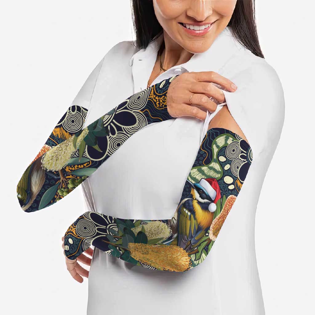 Aussie Honeyeaters Banksia Christmas Arm Sleeves Aboriginal Dots Painting Blue Motif - Aussie Hoodie