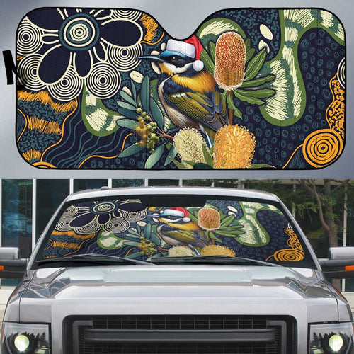Aussie Honeyeaters Banksia Christmas Auto Sun Shade Aboriginal Dots Painting Blue Motif - Aussie Hoodie