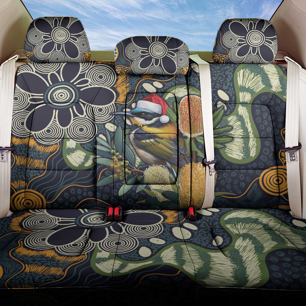 Aussie Honeyeaters Banksia Christmas Back Car Seat Cover Aboriginal Dots Painting Blue Motif - Aussie Hoodie