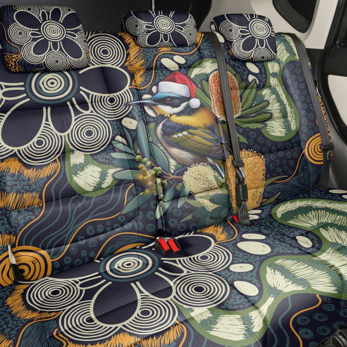 Aussie Honeyeaters Banksia Christmas Back Car Seat Cover Aboriginal Dots Painting Blue Motif - Aussie Hoodie