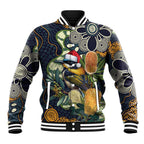 Aussie Honeyeaters Banksia Christmas Baseball Jacket Aboriginal Dots Painting Blue Motif - Aussie Hoodie