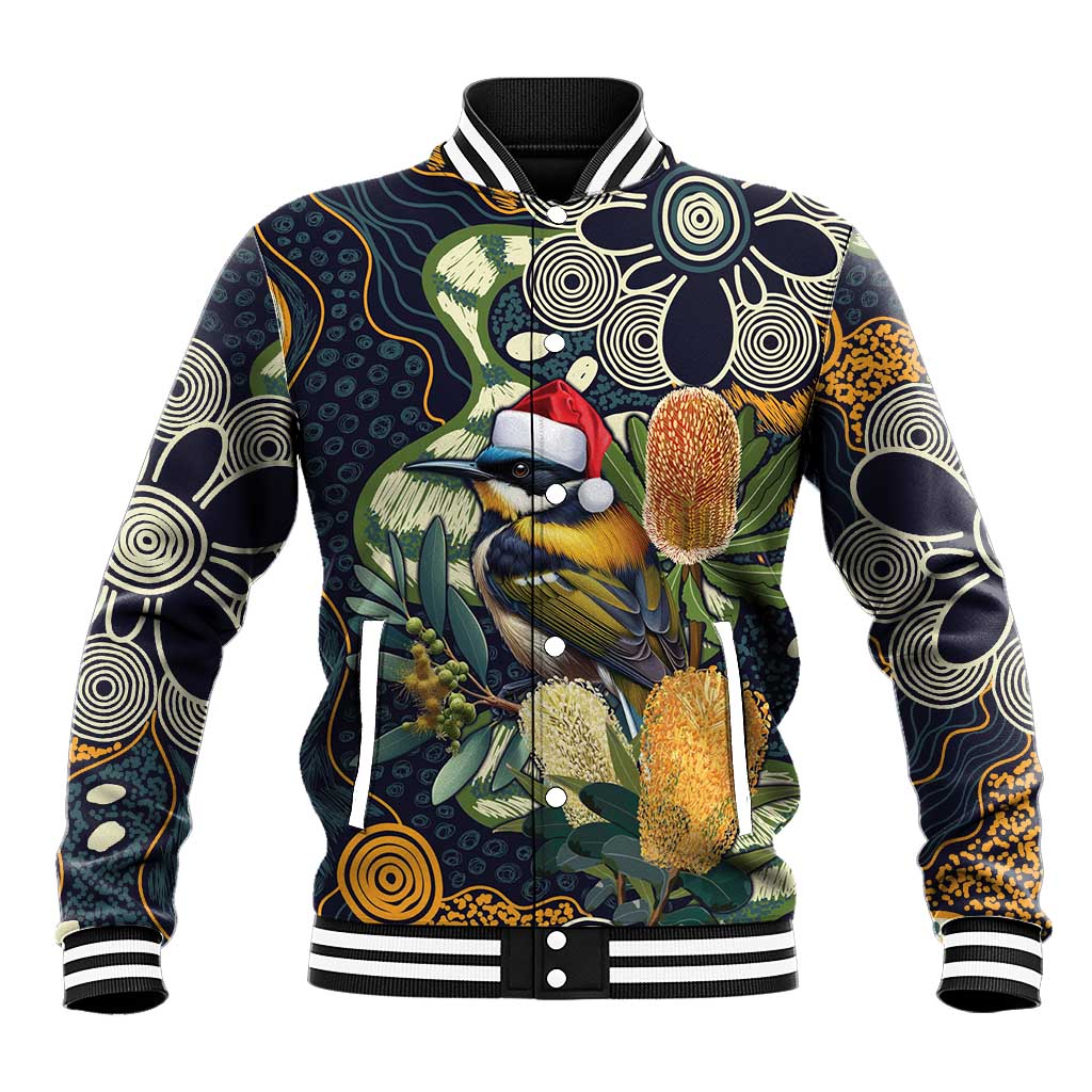 Aussie Honeyeaters Banksia Christmas Baseball Jacket Aboriginal Dots Painting Blue Motif - Aussie Hoodie