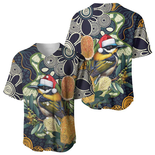 Aussie Honeyeaters Banksia Christmas Baseball Jersey Aboriginal Dots Painting Blue Motif - Aussie Hoodie
