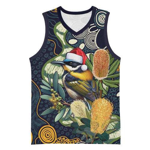 Aussie Honeyeaters Banksia Christmas Basketball Jersey Aboriginal Dots Painting Blue Motif - Aussie Hoodie