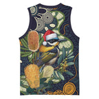 Aussie Honeyeaters Banksia Christmas Basketball Jersey Aboriginal Dots Painting Blue Motif - Aussie Hoodie
