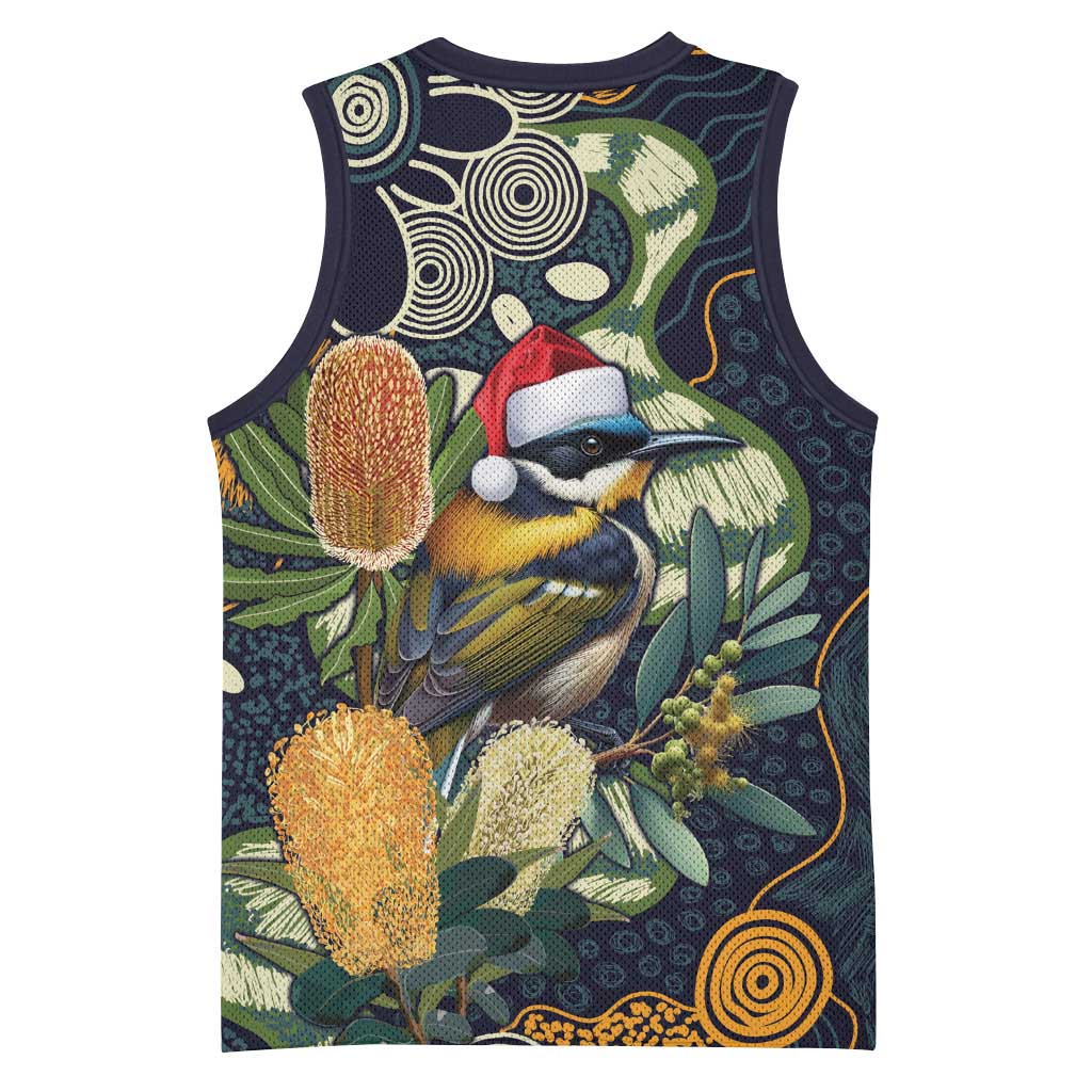 Aussie Honeyeaters Banksia Christmas Basketball Jersey Aboriginal Dots Painting Blue Motif - Aussie Hoodie