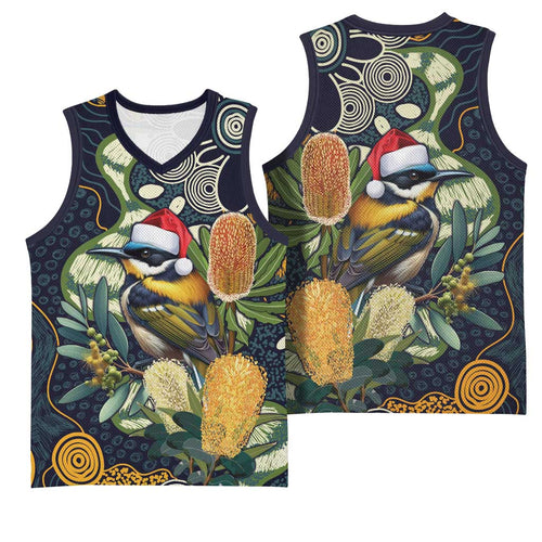 Aussie Honeyeaters Banksia Christmas Basketball Jersey Aboriginal Dots Painting Blue Motif - Aussie Hoodie