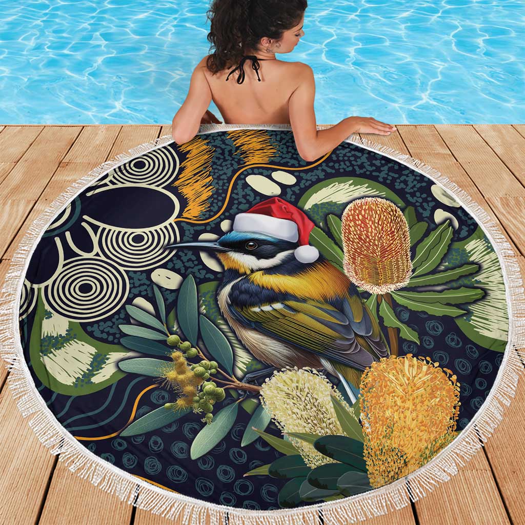 Aussie Honeyeaters Banksia Christmas Beach Blanket Aboriginal Dots Painting Blue Motif - Aussie Hoodie