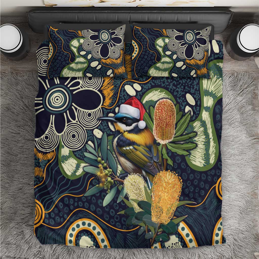 Aussie Honeyeaters Banksia Christmas Bedding Set Aboriginal Dots Painting Blue Motif - Aussie Hoodie