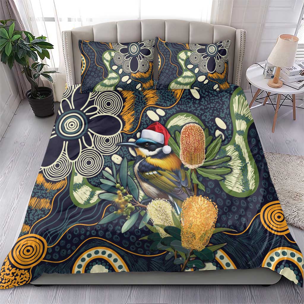 Aussie Honeyeaters Banksia Christmas Bedding Set Aboriginal Dots Painting Blue Motif - Aussie Hoodie