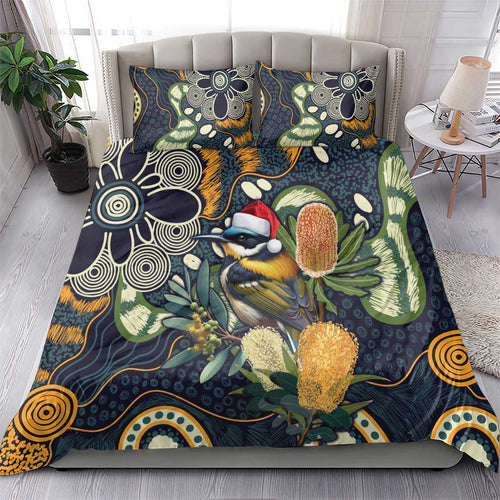 Aussie Honeyeaters Banksia Christmas Bedding Set Aboriginal Dots Painting Blue Motif - Aussie Hoodie