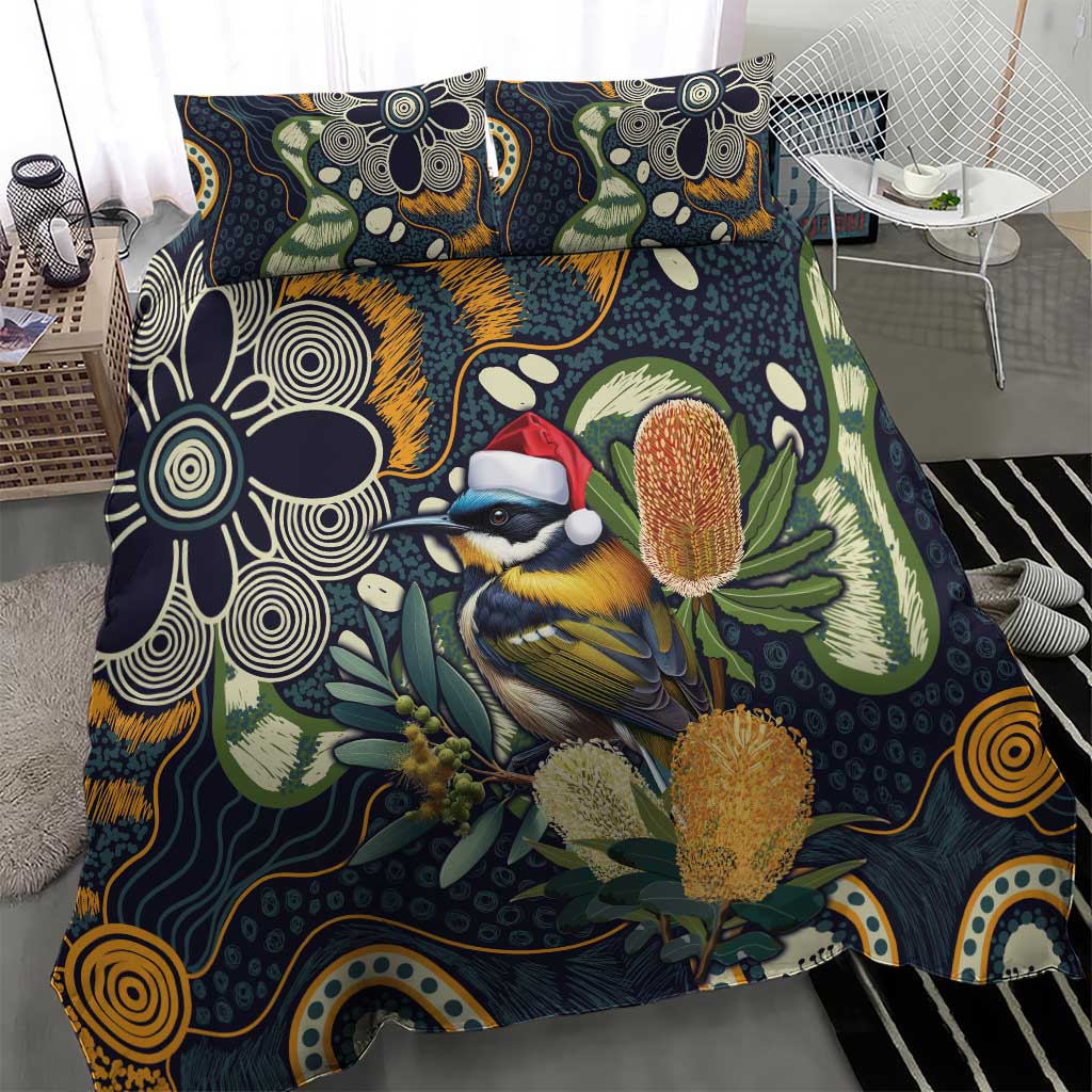 Aussie Honeyeaters Banksia Christmas Bedding Set Aboriginal Dots Painting Blue Motif - Aussie Hoodie