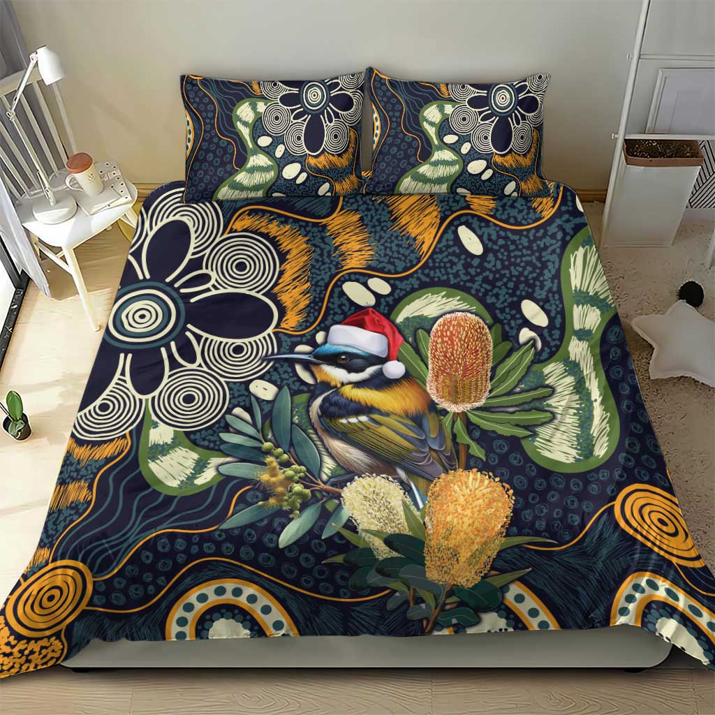 Aussie Honeyeaters Banksia Christmas Bedding Set Aboriginal Dots Painting Blue Motif - Aussie Hoodie