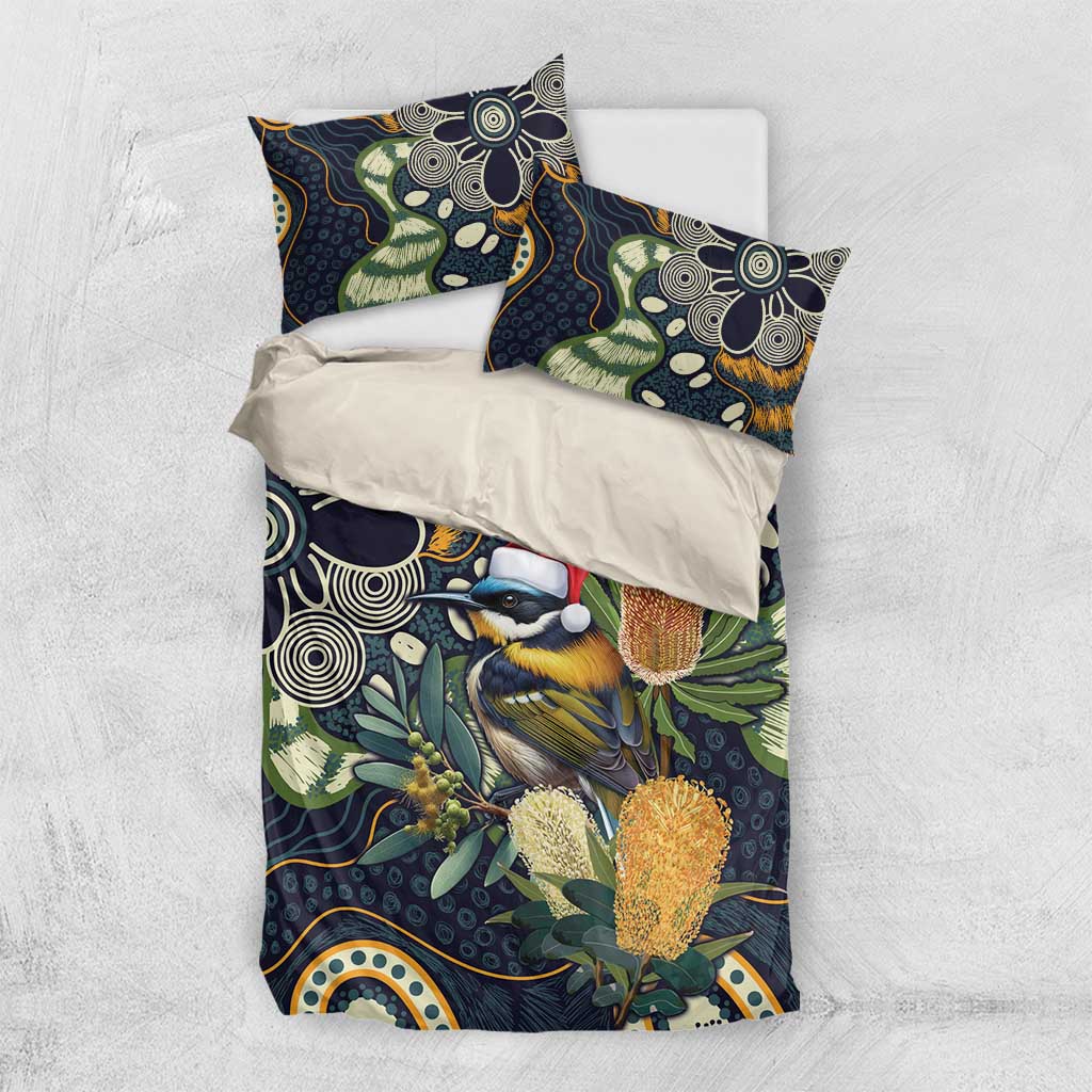 Aussie Honeyeaters Banksia Christmas Bedding Set Aboriginal Dots Painting Blue Motif - Aussie Hoodie