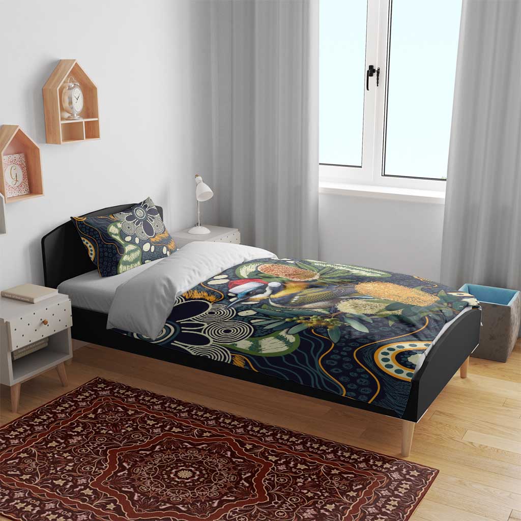 Aussie Honeyeaters Banksia Christmas Bedding Set Aboriginal Dots Painting Blue Motif - Aussie Hoodie