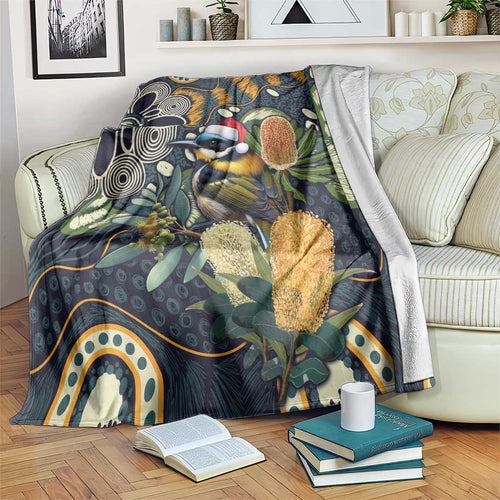 Aussie Honeyeaters Banksia Christmas Blanket Aboriginal Dots Painting Blue Motif - Aussie Hoodie
