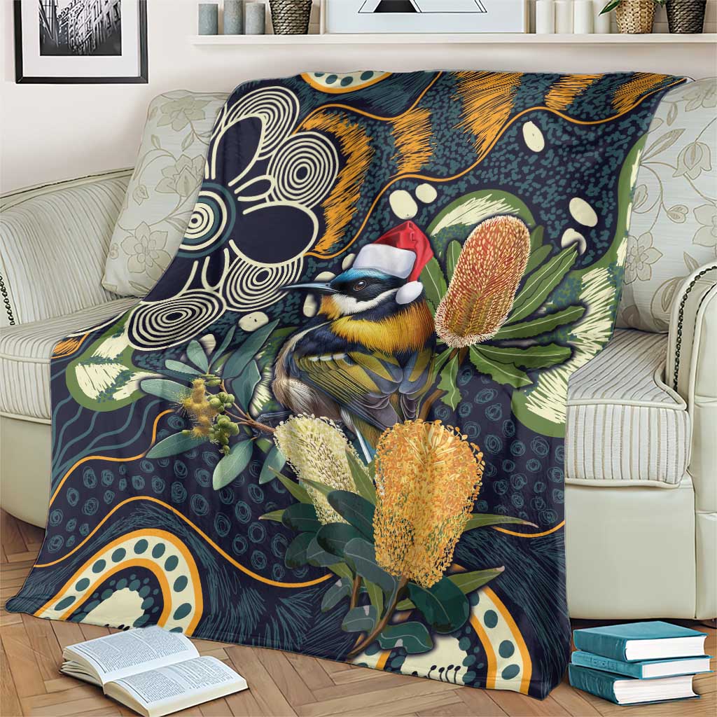 Aussie Honeyeaters Banksia Christmas Blanket Aboriginal Dots Painting Blue Motif - Aussie Hoodie