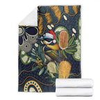 Aussie Honeyeaters Banksia Christmas Blanket Aboriginal Dots Painting Blue Motif - Aussie Hoodie