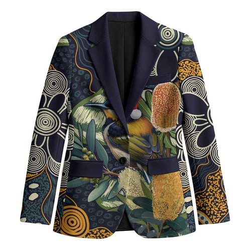 Aussie Honeyeaters Banksia Christmas Blazer Aboriginal Dots Painting Blue Motif - Aussie Hoodie
