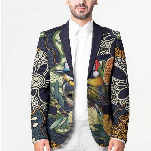 Aussie Honeyeaters Banksia Christmas Blazer Aboriginal Dots Painting Blue Motif - Aussie Hoodie