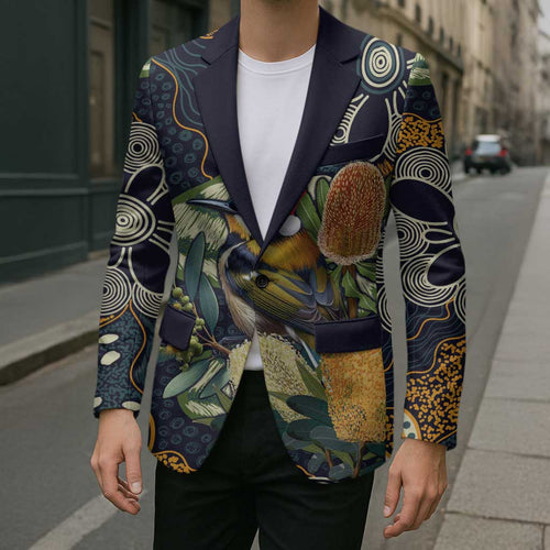 Aussie Honeyeaters Banksia Christmas Blazer Aboriginal Dots Painting Blue Motif - Aussie Hoodie