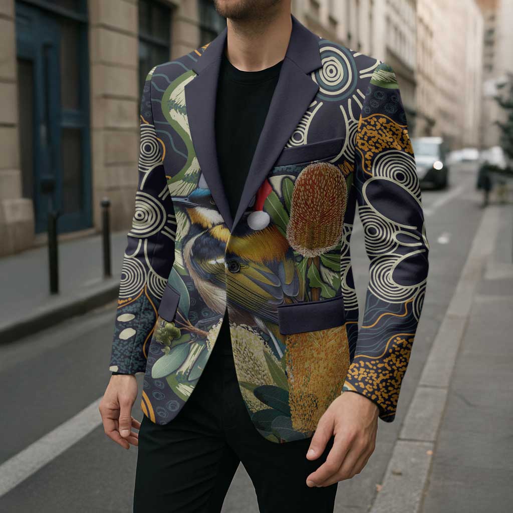 Aussie Honeyeaters Banksia Christmas Blazer Aboriginal Dots Painting Blue Motif - Aussie Hoodie