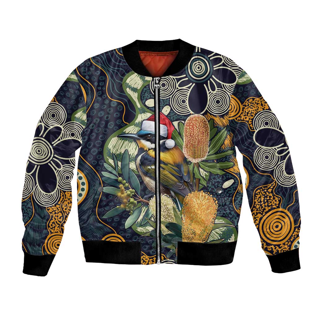 Aussie Honeyeaters Banksia Christmas Bomber Jacket Aboriginal Dots Painting Blue Motif - Aussie Hoodie