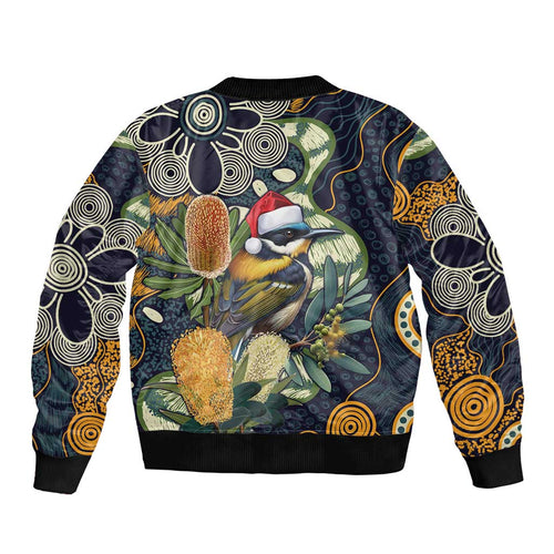 Aussie Honeyeaters Banksia Christmas Bomber Jacket Aboriginal Dots Painting Blue Motif - Aussie Hoodie