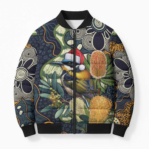 Aussie Honeyeaters Banksia Christmas Bomber Puffer Jacket Aboriginal Dots Painting Blue Motif - Aussie Hoodie