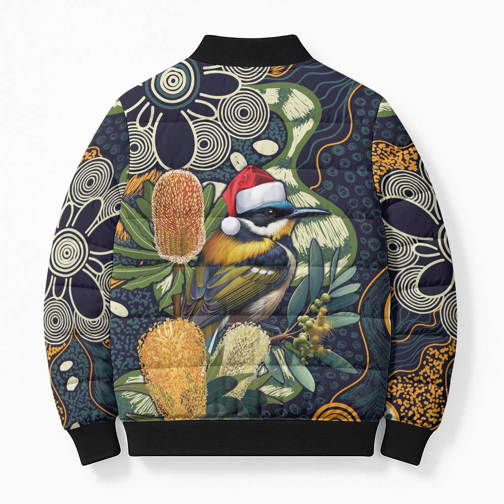 Aussie Honeyeaters Banksia Christmas Bomber Puffer Jacket Aboriginal Dots Painting Blue Motif - Aussie Hoodie