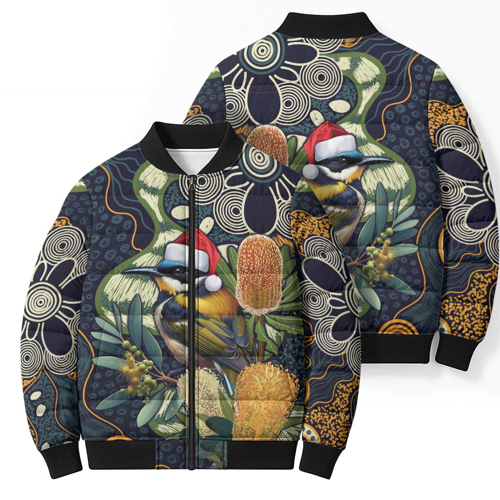 Aussie Honeyeaters Banksia Christmas Bomber Puffer Jacket Aboriginal Dots Painting Blue Motif - Aussie Hoodie
