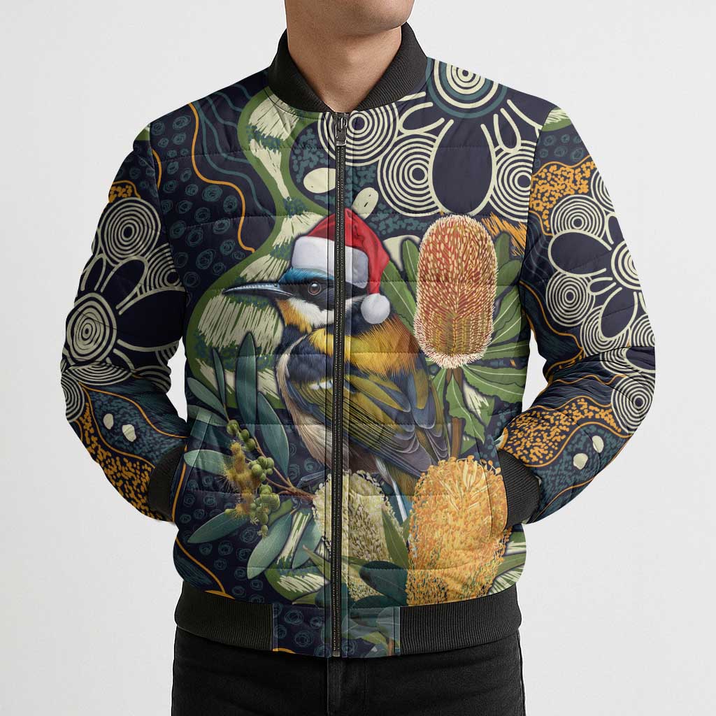 Aussie Honeyeaters Banksia Christmas Bomber Puffer Jacket Aboriginal Dots Painting Blue Motif - Aussie Hoodie