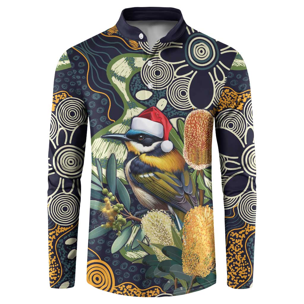 Aussie Honeyeaters Banksia Christmas Button Sweatshirt Aboriginal Dots Painting Blue Motif - Aussie Hoodie