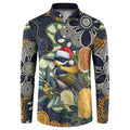 Aussie Honeyeaters Banksia Christmas Button Sweatshirt Aboriginal Dots Painting Blue Motif - Aussie Hoodie