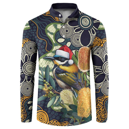 Aussie Honeyeaters Banksia Christmas Button Sweatshirt Aboriginal Dots Painting Blue Motif - Aussie Hoodie