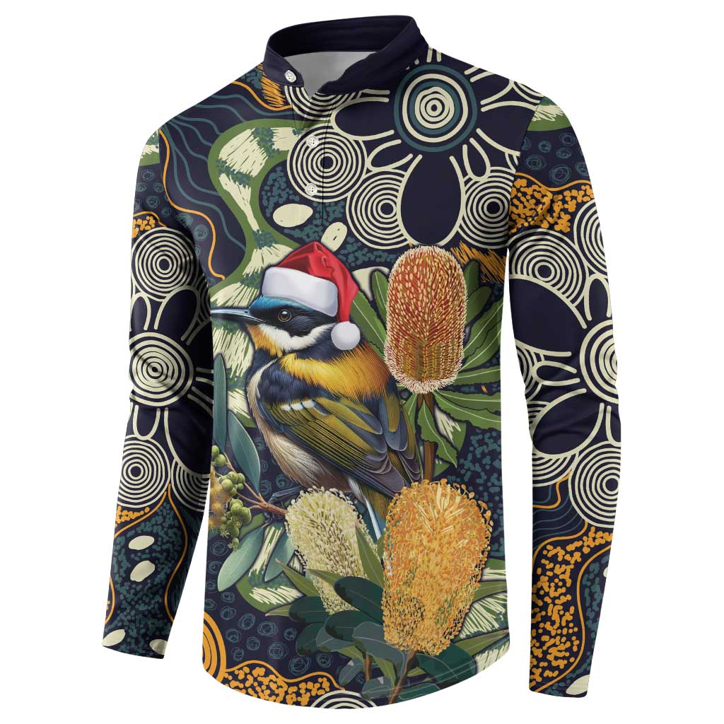 Aussie Honeyeaters Banksia Christmas Button Sweatshirt Aboriginal Dots Painting Blue Motif - Aussie Hoodie