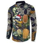 Aussie Honeyeaters Banksia Christmas Button Sweatshirt Aboriginal Dots Painting Blue Motif - Aussie Hoodie