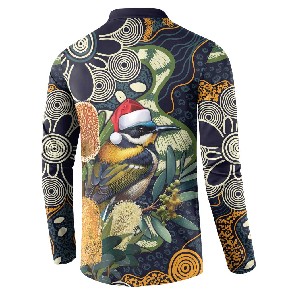 Aussie Honeyeaters Banksia Christmas Button Sweatshirt Aboriginal Dots Painting Blue Motif - Aussie Hoodie