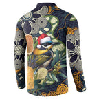 Aussie Honeyeaters Banksia Christmas Button Sweatshirt Aboriginal Dots Painting Blue Motif - Aussie Hoodie