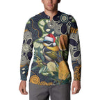Aussie Honeyeaters Banksia Christmas Button Sweatshirt Aboriginal Dots Painting Blue Motif - Aussie Hoodie