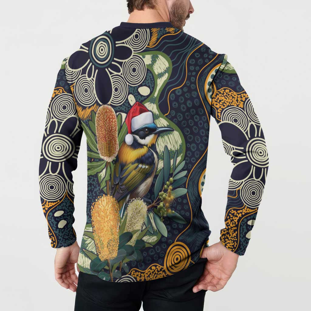 Aussie Honeyeaters Banksia Christmas Button Sweatshirt Aboriginal Dots Painting Blue Motif - Aussie Hoodie