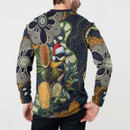 Aussie Honeyeaters Banksia Christmas Button Sweatshirt Aboriginal Dots Painting Blue Motif - Aussie Hoodie