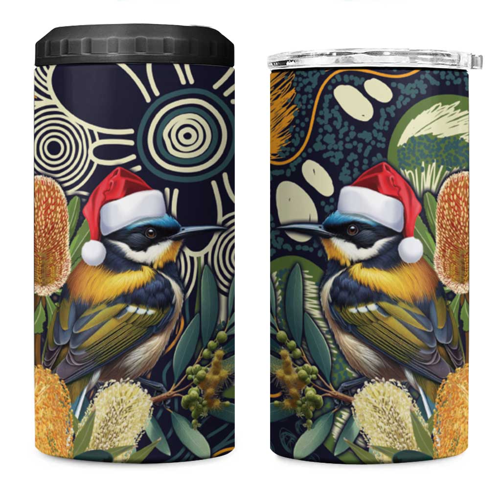 Aussie Honeyeaters Banksia Christmas 4 in 1 Can Cooler Tumbler Aboriginal Dots Painting Blue Motif - Aussie Hoodie